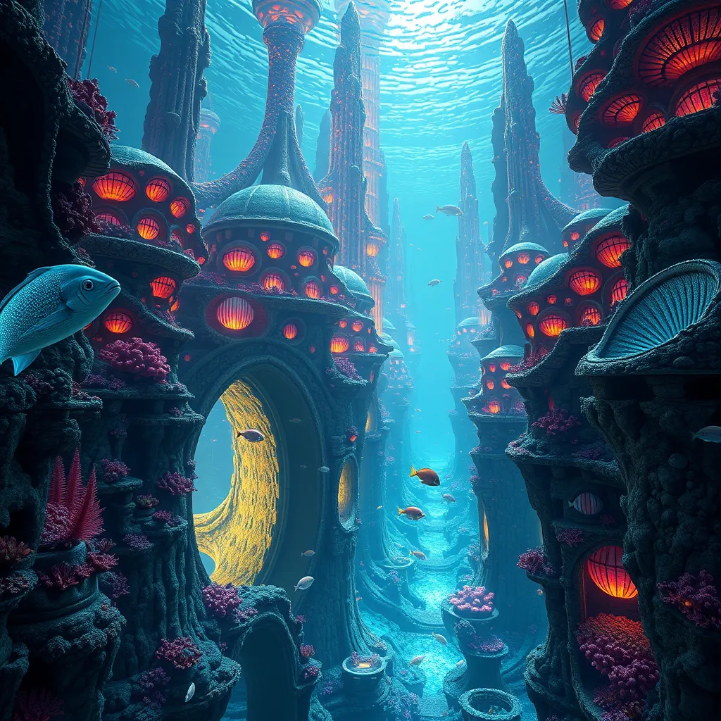 A breathtaking underwater cityscape, filled with towering coral structures that glow with vibrant, bioluminescent light. Fish and other marine life swim through the city, their scales shimmering in the light.  The city features intricate coral arches, tunnels, and domes, creating a mesmerizing underwater landscape.