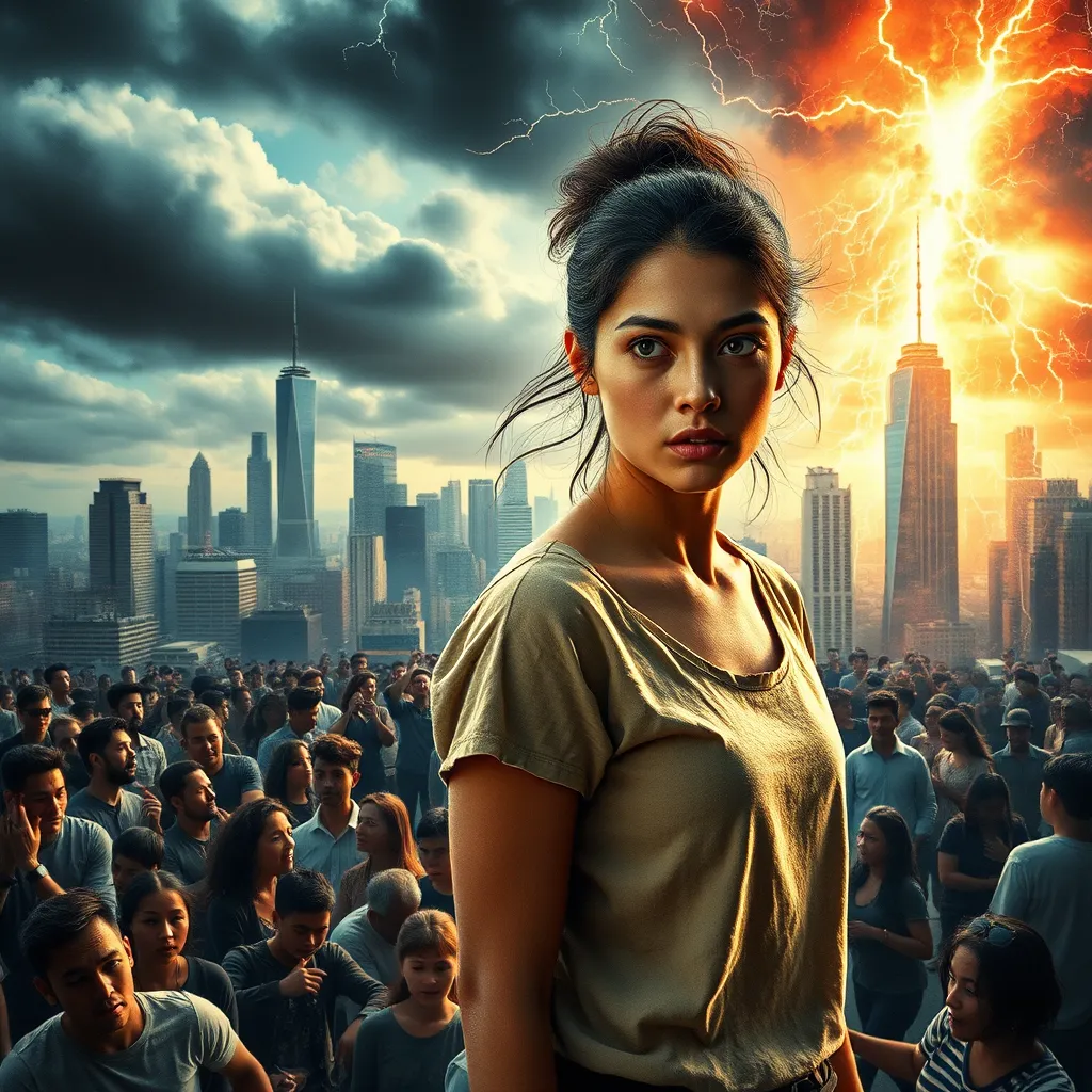 A bustling city skyline is juxtaposed with a scene of chaotic energy. People are caught in a whirlwind of confusion, their faces etched with fear and bewilderment as the sky crackles with energy. A young woman, clad in simple clothing, stands apart from the chaos, her eyes glowing with an inner power, symbolizing the potential for change and understanding.