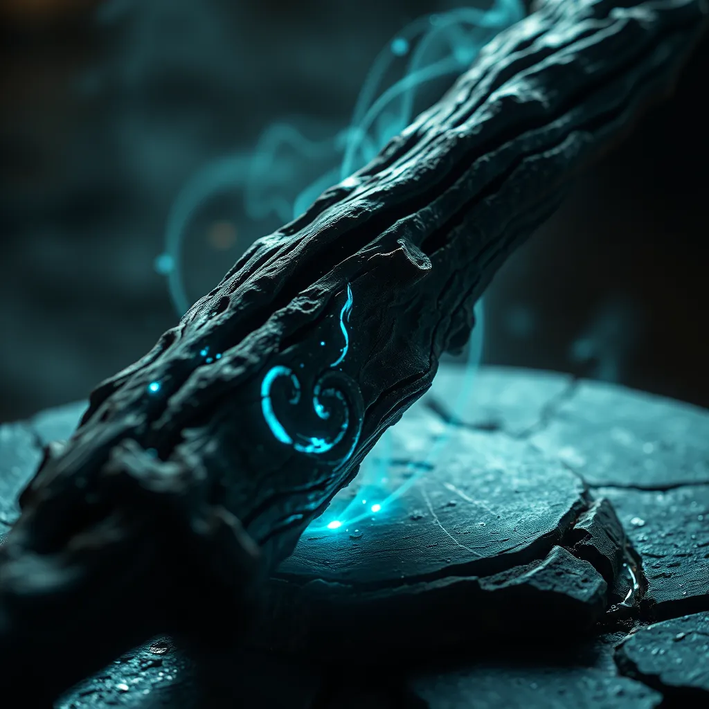 A close-up view of a weathered, ancient wooden staff resting on a stone altar. Tiny, swirling patterns etched into the staff glow with an ethereal blue light. The staff is surrounded by magical energy, manifesting as wisps of shimmering light that dance around it. The scene is bathed in an eerie, otherworldly glow, hinting at the power held within the artifact.