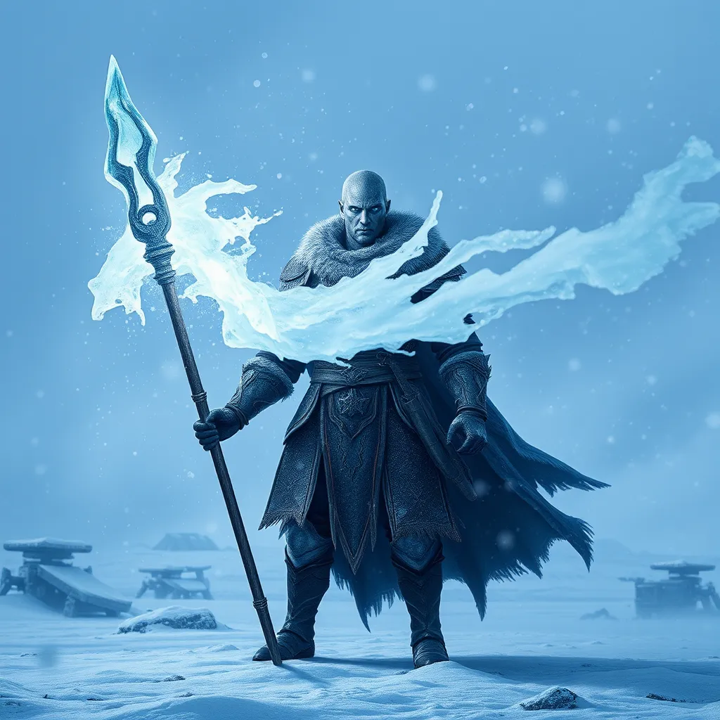 A Cryonian warrior stands on a snow-covered battlefield, his eyes glowing with a blue light. In his hand, he holds a staff tipped with a shard of ice.  From the staff, a wave of icy energy explodes, forming a blizzard that engulfs the battlefield.  The warrior stands unfazed by the blizzard, his face expressionless and resolute, as he controls the swirling snow with his will.