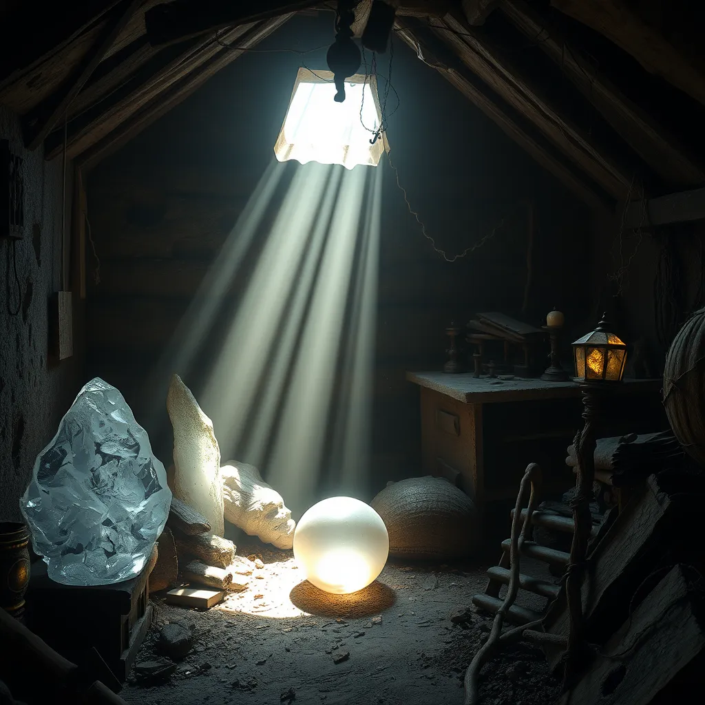 A dimly lit, dusty attic filled with forgotten treasures. Sunbeams pierce through cracks in the walls, illuminating a collection of ancient artifacts: a crystalline ice sculpture, a luminous sea shell, a wooden staff entwined with vines, and a shimmering orb emitting a soft, ethereal glow. The air feels thick with a sense of mystery and forgotten magic.