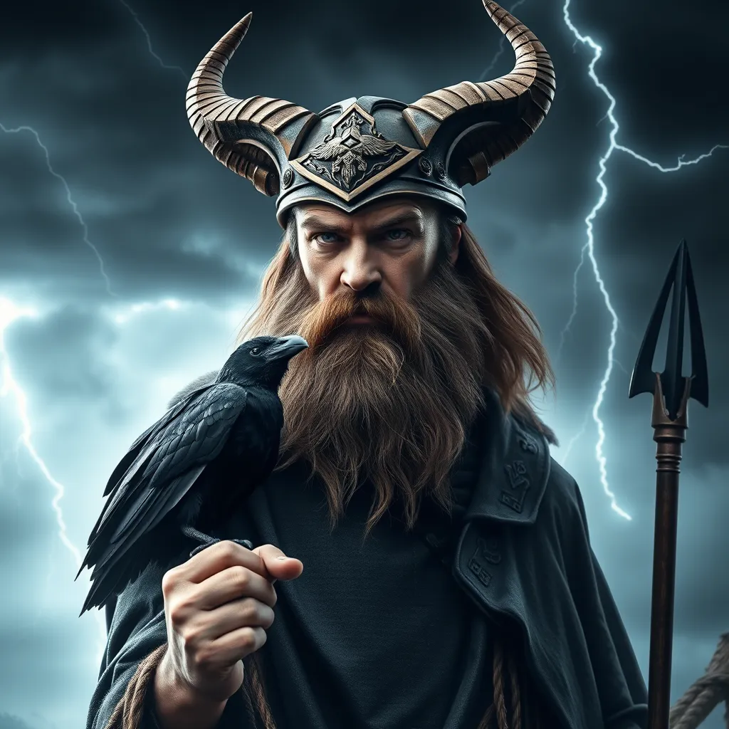 A dramatic portrait of a stern-looking, bearded figure with one eye, possibly Odin. He is depicted with a horned helmet and a cloak adorned with intricate symbols. He holds a spear in his right hand and a raven on his left shoulder. The background is a stormy sky with flashes of lightning, representing the connection between Odin and ancient magic.