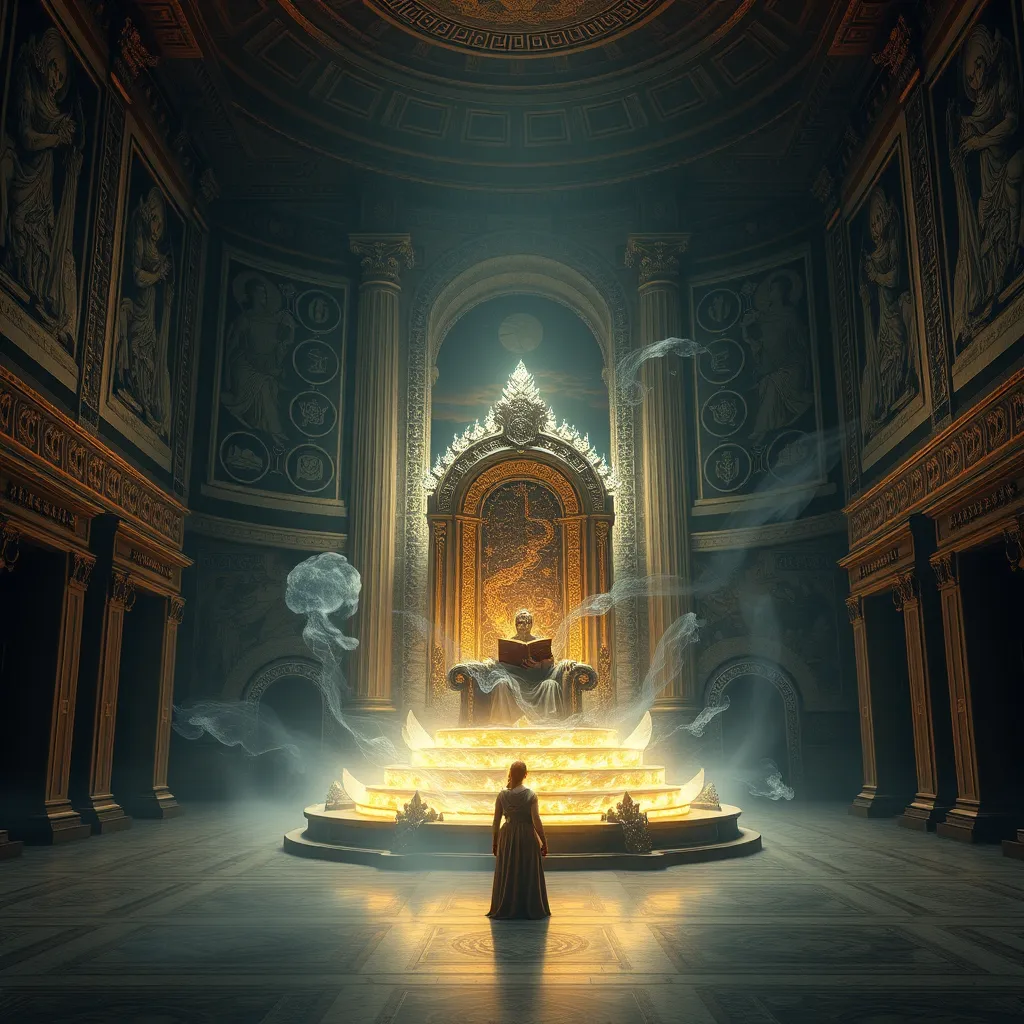 A grand, imposing hall with walls carved with ancient symbols and murals depicting scenes from the Pantheon's history. The Oracle sits on a throne made of glowing crystals, surrounded by swirling mists, with a book of ancient lore open in their lap. They whisper a secret, revealing a faint ethereal glow around them, and a single Cendanti listens intently.