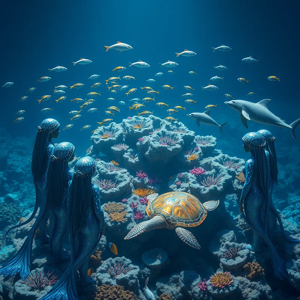 A group of Aquari figures, their scales shimmering with blue and silver hues, gather around a large, iridescent coral reef. They are communicating with a variety of marine life, including schools of colorful fish, playful dolphins, and wise, ancient sea turtles. The scene conveys a sense of peace and harmony between the Aquari and the ocean environment.