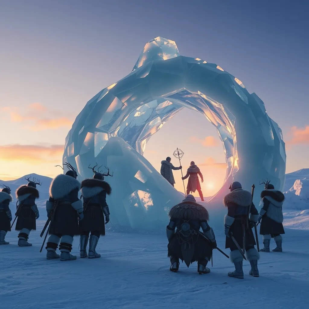 A group of Cryonians, clad in furs and ice armor, are gathered around a massive, crystalline ice sculpture. The sculpture depicts a cycle of life and death, with a young Cryonian emerging from the ice, while an elder Cryonian returns to the ice, signifying their acceptance of the natural order.  The scene is bathed in the light of the setting sun, casting long shadows across the frozen landscape.