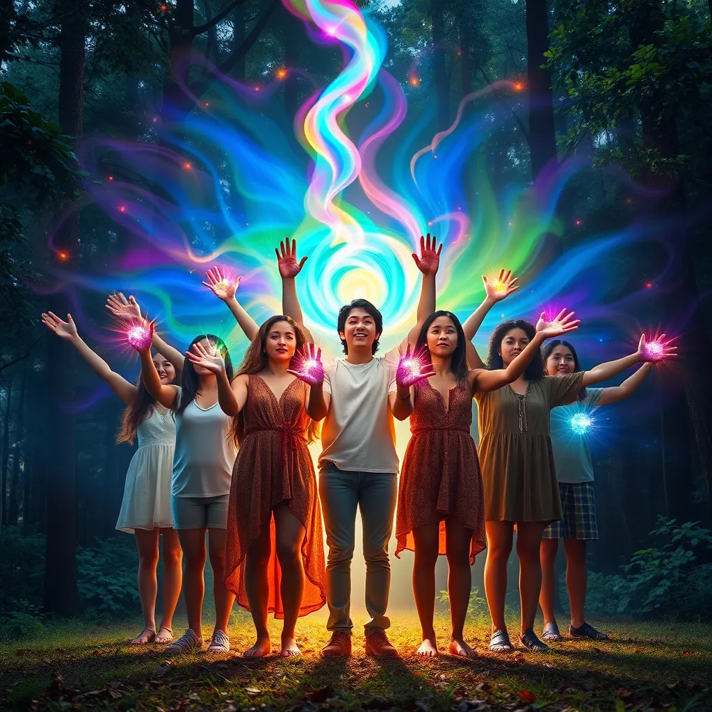 A group of diverse individuals stand together, radiating a powerful energy. They are illuminated by a swirling, multicolored light emanating from their hands, each individual displaying unique abilities. The group is surrounded by a vibrant forest, representing the connection to nature and the power they wield. The image should be dynamic and hopeful, showcasing the strength and unity of the awakened Cendanti.