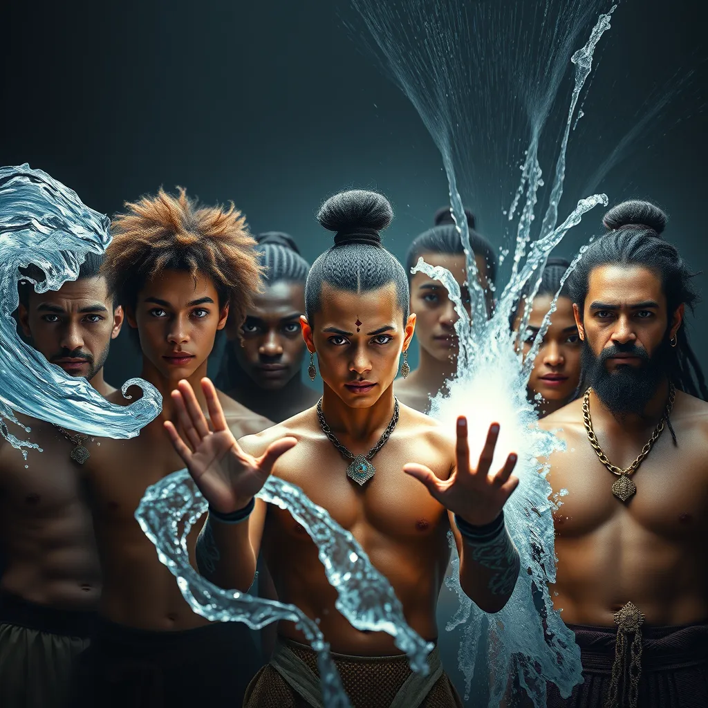 A group of diverse individuals, each possessing a unique appearance and power, stand together in a powerful display of unity. One manipulates a swirling vortex of ice, another controls the flow of water with graceful gestures, while a third summons a radiant beam of light. Their faces reflect a mix of wonder, determination, and the weight of their heritage.