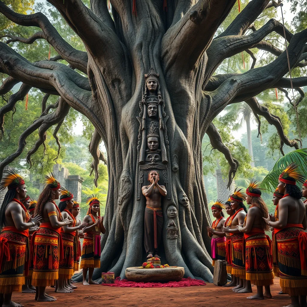 A group of people, dressed in vibrant tribal clothing, are gathered around a towering ancient oak tree. The tree is adorned with intricate carvings and colorful ribbons, symbolizing its sacred nature. The people are performing a ritual, chanting and offering gifts to the tree, representing a deep connection to nature and a reverence for the earth's wisdom.