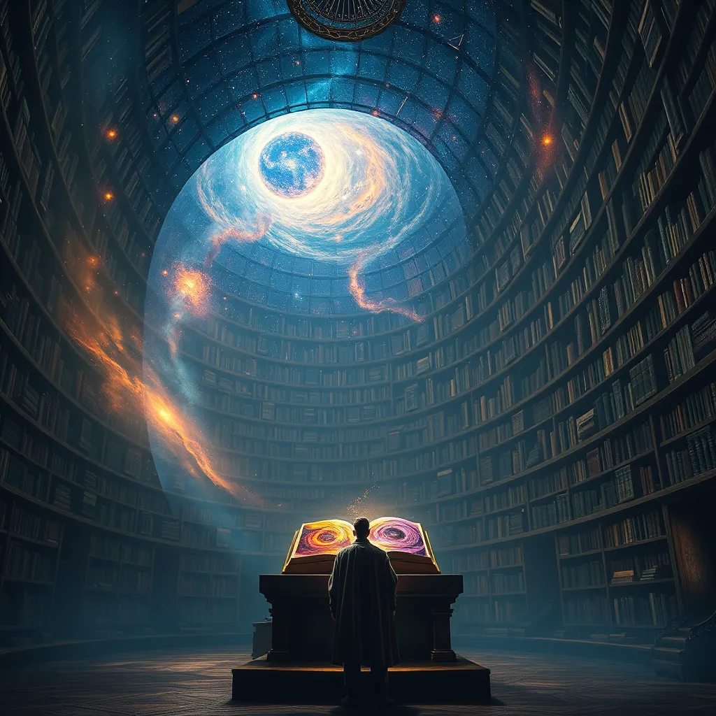 A large, ancient library with swirling bookshelves composed of nebulae and constellations. In the center, a lone figure, possibly a Cendanti, looking at a glowing book that projects images of the Pantheon's history. The book should have a swirling pattern of colors representing the different races, and the figure should be bathed in a soft, ethereal light.