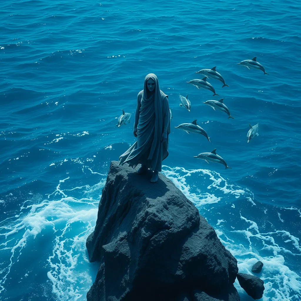 A lone Aquari figure, their face filled with wisdom and serenity, stands atop a jagged rock formation in the middle of a vast, blue ocean. Their form is partially obscured by the swirling water, suggesting their connection to the ocean's powerful currents. In the distance, a school of dolphins leaps out of the water, guided by the Aquari's presence and their power over the sea.