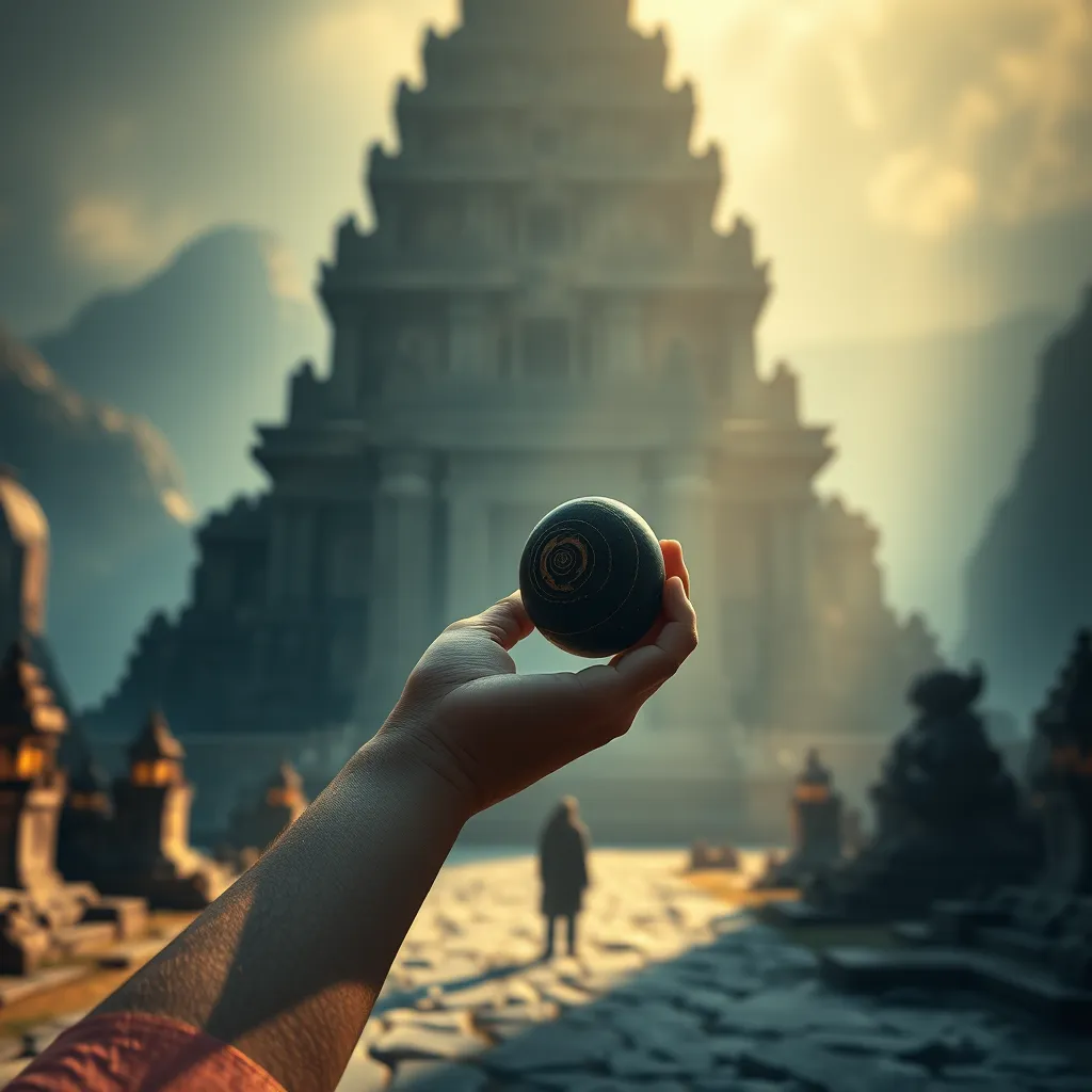 A lone figure stands before a towering, ancient temple. In their hand, they hold a small, unassuming object - a smooth, black stone with swirling gold patterns. The stone emits a faint, pulsating light, as if resonating with the power emanating from the temple. The scene is bathed in a soft, warm glow, suggesting a hidden power waiting to be unlocked.