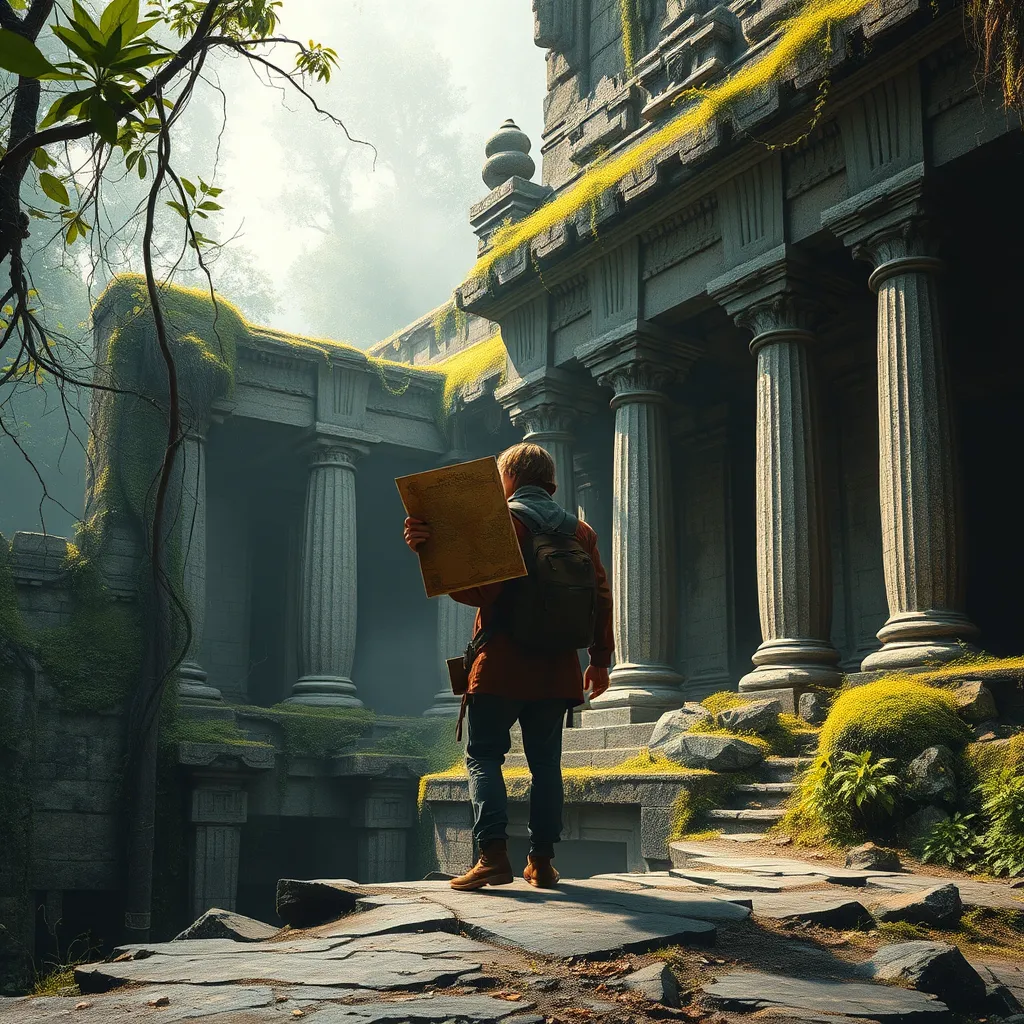 A lone traveler with a weathered map in hand, stands at the edge of a forgotten temple. The temple is overgrown with vines and moss, hinting at its age and neglect. The traveler is surrounded by a mystical aura, suggesting the presence of ancient magic and a hidden truth waiting to be uncovered. The image should evoke a sense of adventure, mystery, and the pursuit of knowledge.