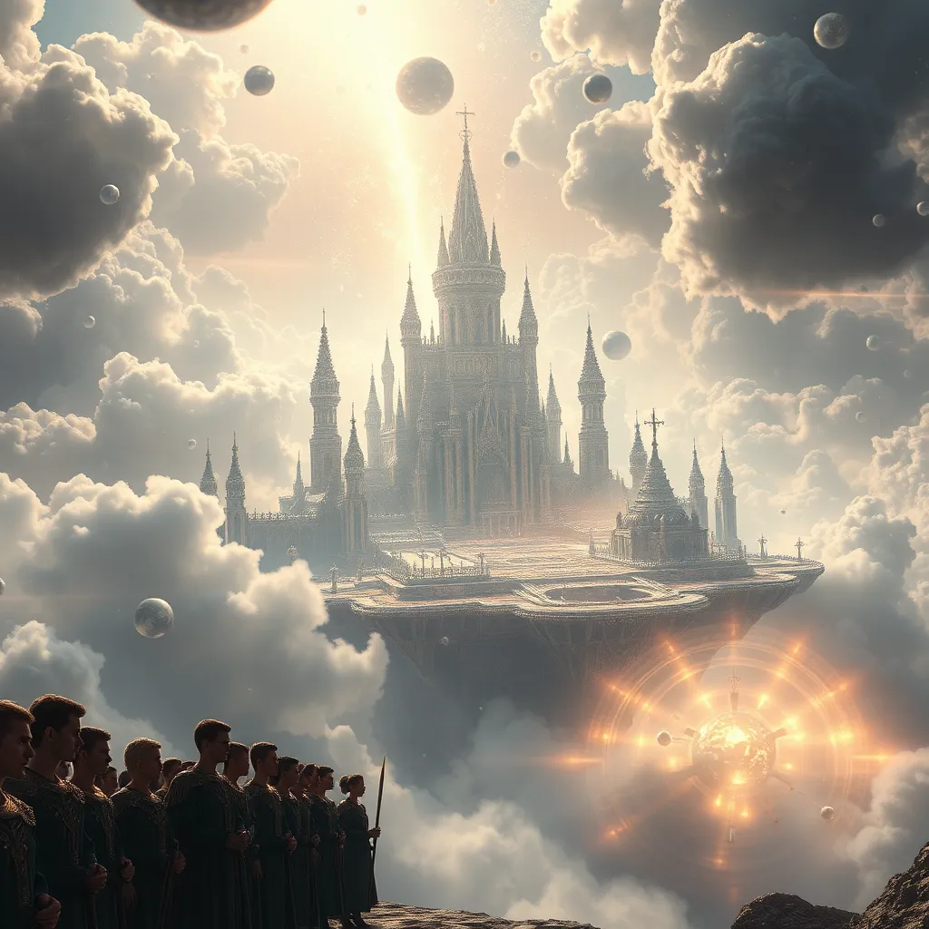 A majestic Aetherian city, floating among the clouds, bathed in shimmering light.  As the cataclysm rages around it, the city slowly fades, its energy being channeled into glowing orbs that float down towards the earth, signifying the Aetherians' sacrifice.  The city's citizens stand in solemn procession, their faces etched with sadness and determination, radiating ethereal light as their forms dissolve.