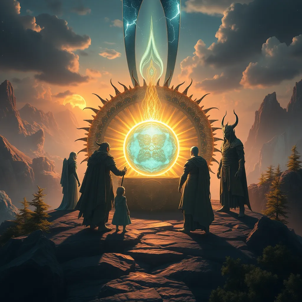 A majestic scene depicting a group of Aetherians, Cryonians, Aquari, and Terrakai figures gathered around a glowing orb, representing the source of their magic. The orb radiates light and energy, symbolizing the reverence they hold for this sacred force. The background should be a breathtaking landscape that showcases the unique environments of each race: shimmering sky cities, icy glaciers, bioluminescent coral reefs, and lush forests. The overall mood should convey a sense of awe, respect, and interconnectedness with nature.