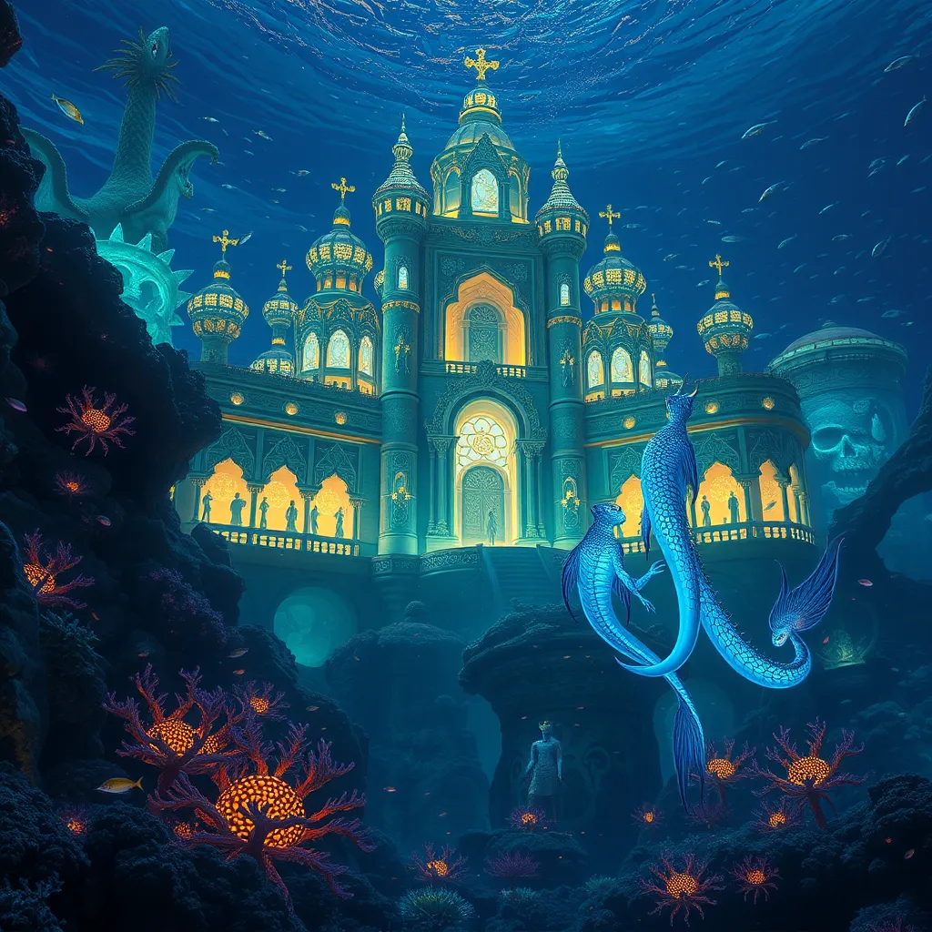 A majestic underwater scene depicting a glowing coral palace, its intricate details illuminated by bioluminescent Aquari figures. The Aquari are graceful, with shimmering blue and silver scales, and their eyes reflect the ocean's depths. They are surrounded by schools of bioluminescent fish, and the palace walls are adorned with intricate carvings of marine life, signifying their deep connection to the ocean.