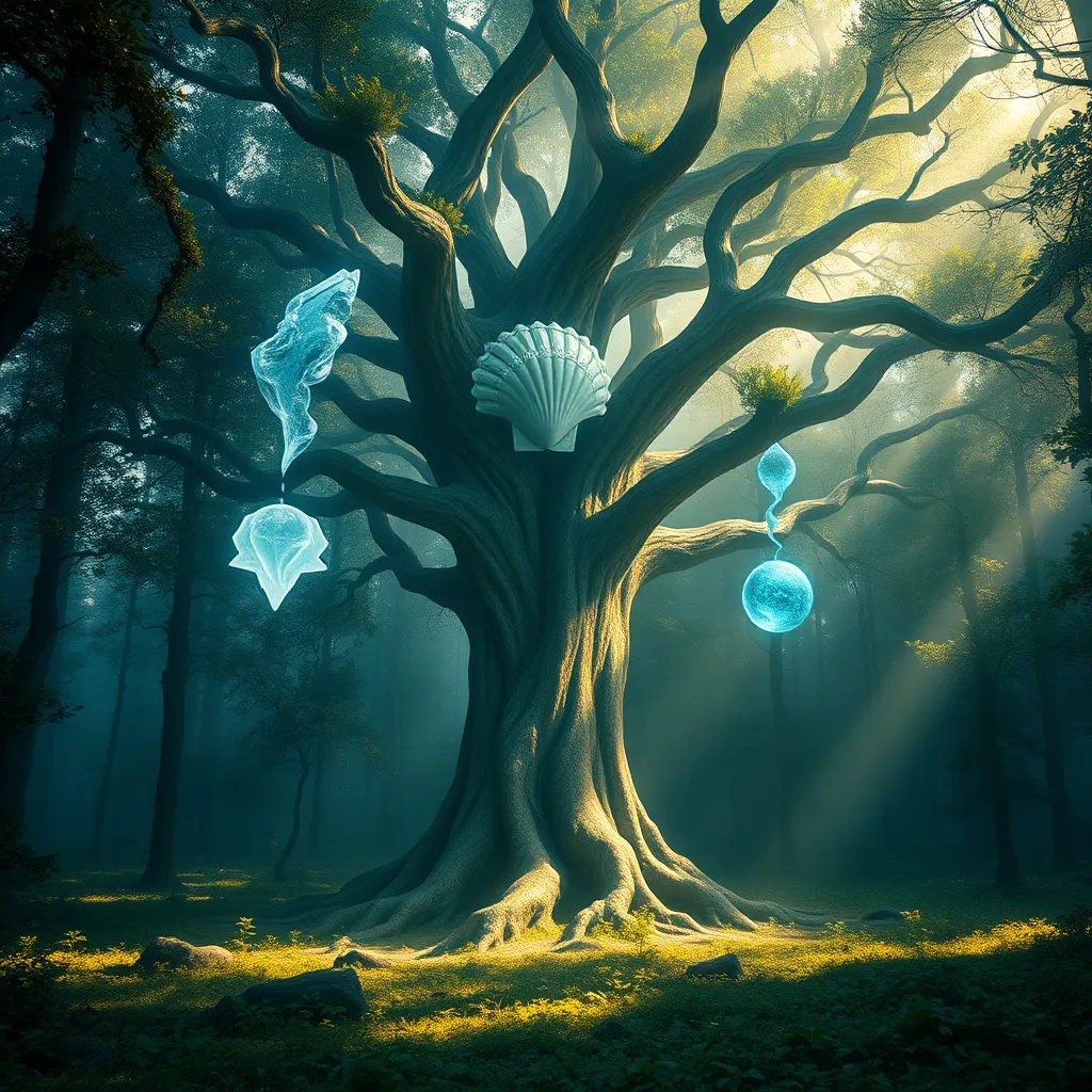 A mysterious forest clearing bathed in ethereal light. In the center stands a magnificent, ancient tree, its branches laden with artifacts of the four races.  A Cryonian ice sculpture, an Aquarian seashell, a Terrakai seedpod, and an Aetherian orb, each radiating subtle energy and pulsing with an otherworldly glow.  The scene should feel otherworldly and mysterious, hinting at the power and knowledge contained within these artifacts.