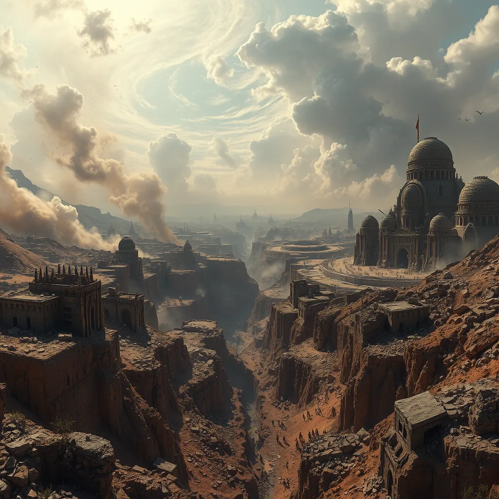 A panoramic landscape depicting a shattered world. Crumbling cities of the four races lay in ruins, surrounded by deep fissures in the earth. The sky is filled with swirling dust and debris, casting an apocalyptic glow over the scene. The once vibrant flora and fauna are withered and broken, hinting at the immense power of the cataclysm. Focus on the dramatic contrast between the former grandeur of the Pantheon's world and its current devastation.