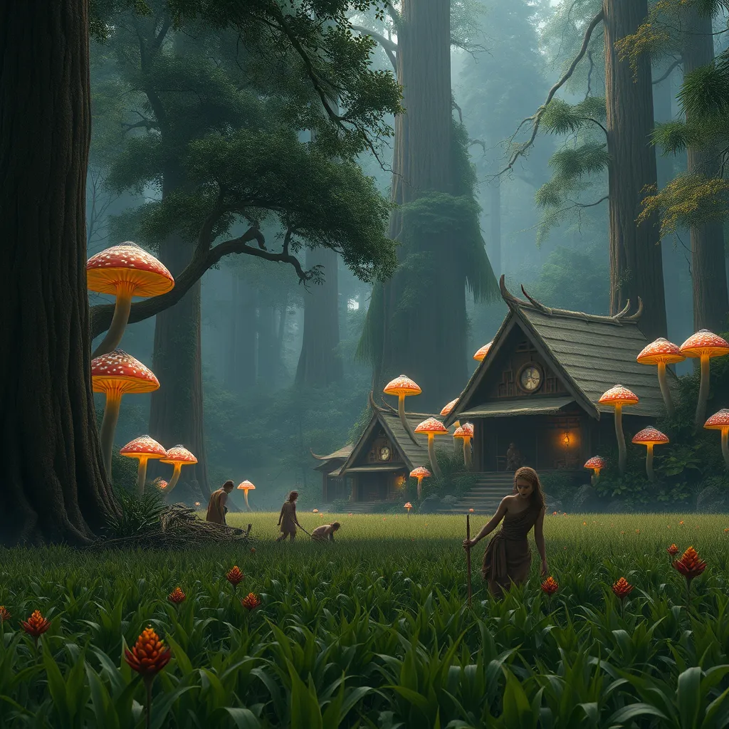 A photorealistic depiction of a Terrakai village nestled within a lush forest, with towering trees, vibrant flora, and glowing mushrooms. The Terrakai are dressed in earth-toned clothing, their skin blending seamlessly with the forest. They are working in a field, tending to crops, with an air of serenity and respect for the land.