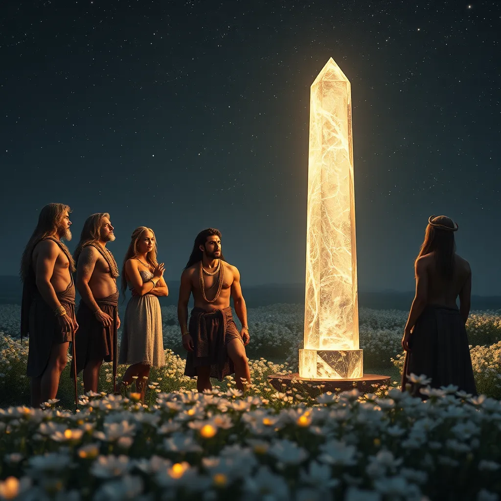 A photorealistic image of a group of ancient humans gathered around a glowing, crystalline obelisk in a field of luminous flowers. An Aetherian being with glowing eyes and a fluid, celestial form is teaching the humans about the constellations, their hands tracing the patterns of stars in the night sky.