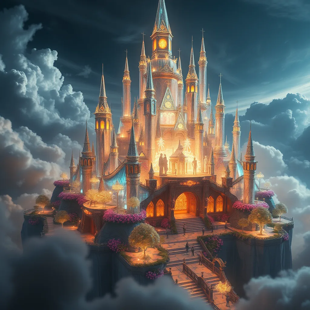 A photorealistic image of a large, intricate city made of glowing, iridescent crystal structures, floating among swirling clouds. The city is filled with gardens of luminous flowers and glowing trees, and there are glimpses of elegant, ethereal beings moving through the city's streets.