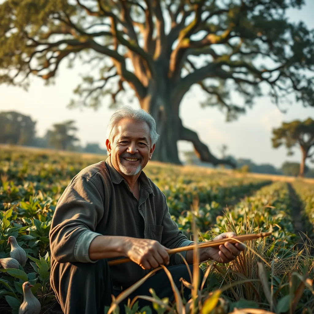 A photorealistic image of a modern-day farmer, working in a field with a gentle smile. He is wearing clothes made from natural fibers and using traditional, sustainable farming methods. In the background, a towering oak tree stands tall, symbolizing the enduring connection between humans and nature, echoing the Terrakai's legacy.