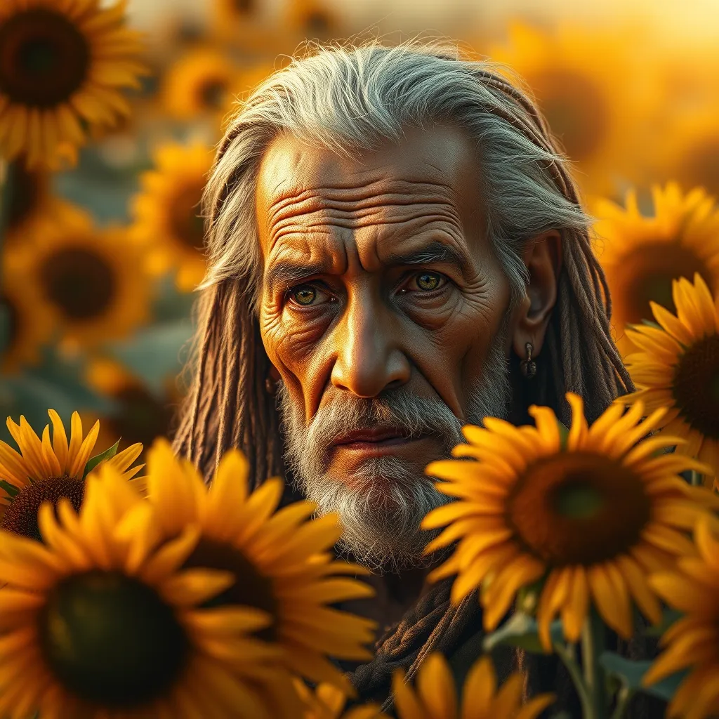 A photorealistic image of a Terrakai elder, with skin the color of rich earth and eyes that gleam with an inner light. He is surrounded by a vibrant field of sunflowers, their heads turning towards him as if responding to his touch. The air around him is filled with a soft, golden glow, emanating from the earth itself.