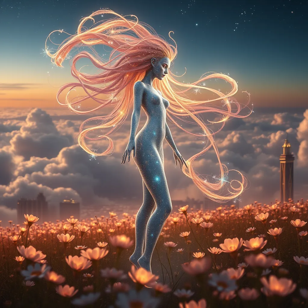 A photorealistic image of an ethereal being with a slender, graceful form, its body composed of swirling, luminous nebulae. The being has long, flowing hair of stardust and eyes that glow with the light of distant galaxies. It is standing amidst a field of glowing flowers in a sky city floating among the clouds.