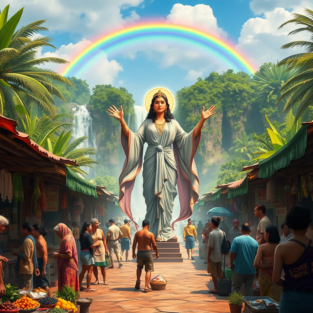 A photorealistic scene depicting a bustling marketplace with diverse vendors selling various goods. In the center stands a majestic figure, possibly a female deity, with flowing robes and a halo of light. Her hands are outstretched towards the sky, where a vibrant rainbow forms, symbolizing hope and fertility. The background is a lush, tropical landscape with a cascading waterfall, symbolizing the connection between the deity and the region's water resources.