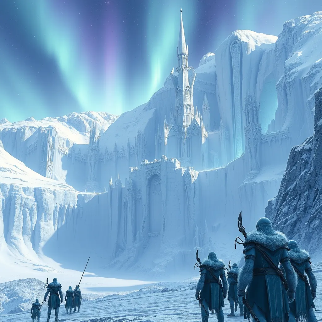 A sprawling, majestic city carved into a massive glacier.  The city is made of clear, shimmering ice, with intricate towers and bridges.  The city is bathed in the light of the aurora borealis, casting ethereal hues across the ice and snow.  In the foreground, a group of Cryonians, tall and imposing, with pale blue skin and frost patterns, gaze out at the vast, frozen landscape.