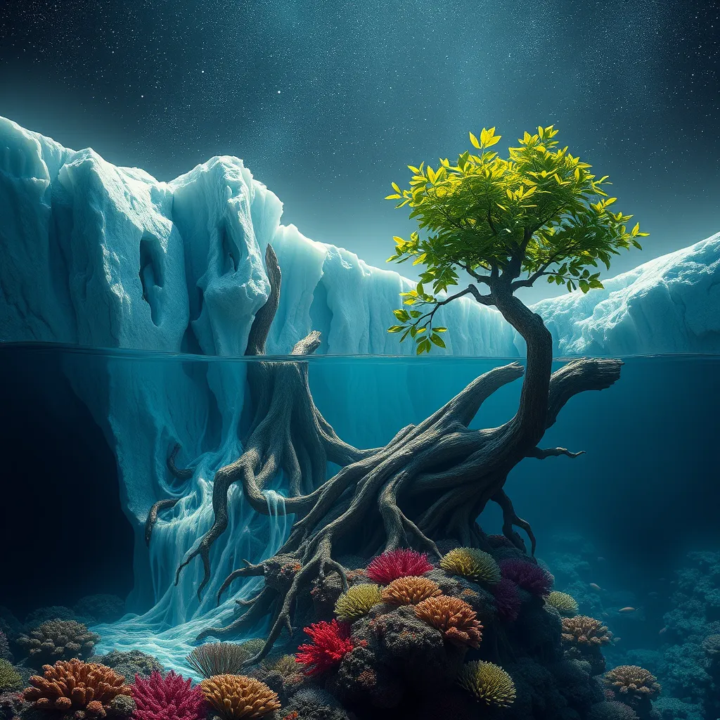 A surreal, dreamlike scene depicting a cycle of life and death. Show a dying tree being consumed by a Cryonian glacier, its roots giving rise to new life. The water from the melting glacier flows down to nourish a vibrant coral reef teeming with Aquari. Aetherian constellations shimmer above, illuminating the scene as the reborn tree sprouts new leaves. The image should be visually poetic, capturing the beauty of nature's constant renewal.