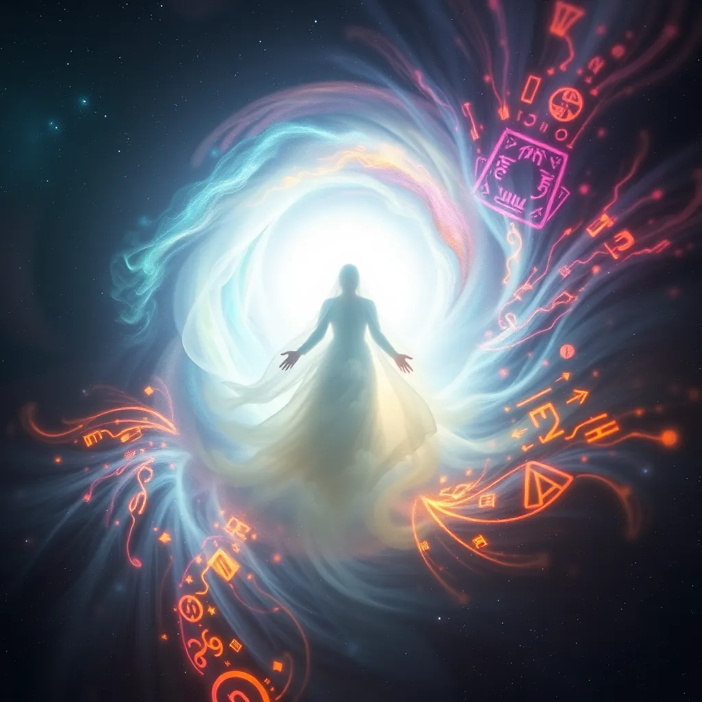 A swirling vortex of light and colors, representing a nexus of memories. In the center, a figure shrouded in mist, radiating a soft, ethereal glow, with faint outlines of ancient symbols and images floating around them, symbolizing the echoes of the past. The background should be a vast, star-filled expanse, hinting at the vastness of time and knowledge held by the Oracle.