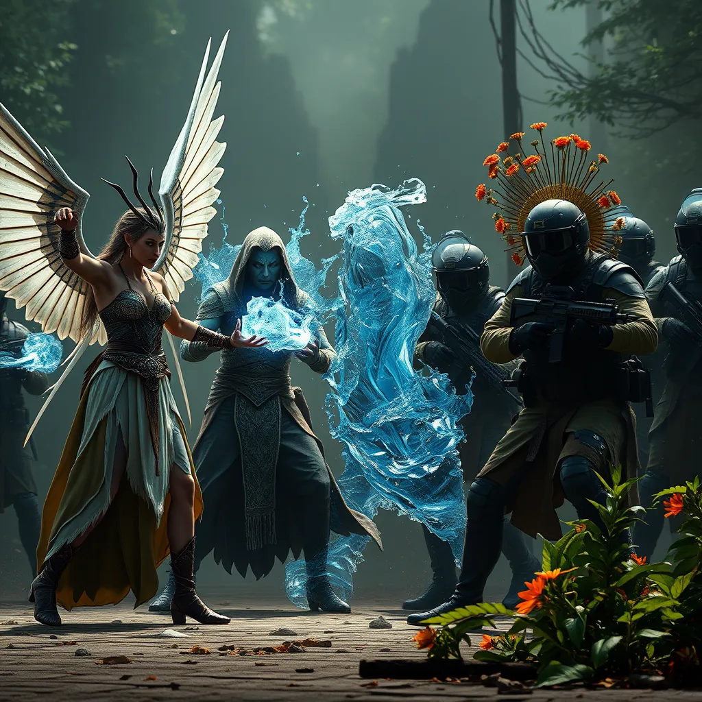 A tense confrontation between a group of Cendanti wielding their powers and a team of heavily armed soldiers in riot gear. The Cendanti are dressed in clothes that reflect their ancestral lineage - an Aetherian with glowing wings, a Cryonian with ice emanating from their hands, an Aquarian with water swirling around them, and a Terrakai surrounded by vibrant flora. The scene should depict a clash between the ancient and the modern, highlighting the potential for misunderstanding and conflict.