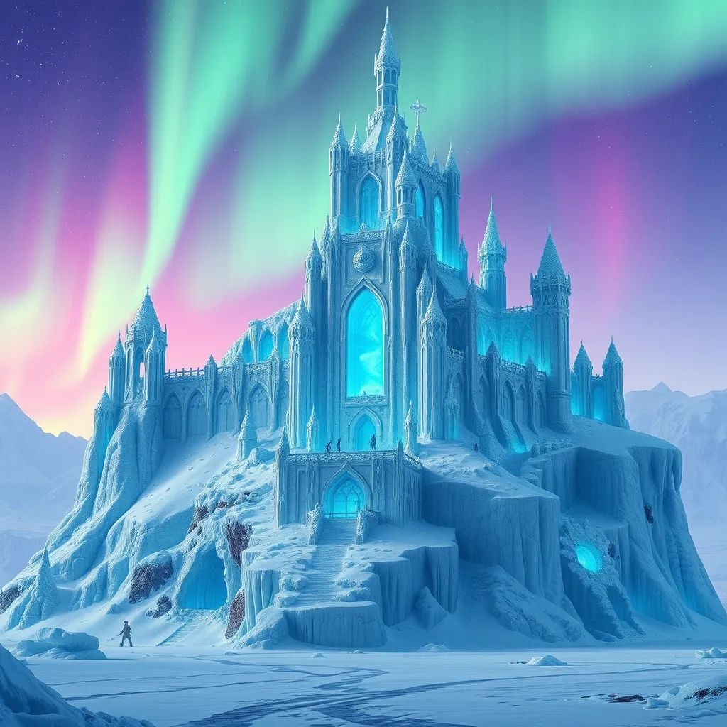 A towering fortress carved from ice, its walls shimmering with an ethereal blue glow. The fortress is perched on a glacier, surrounded by frozen plains and towering ice formations. Above, the aurora borealis paints the sky with vibrant greens, purples, and reds. The fortress features intricate ice sculptures and arches, showcasing Cryonian craftsmanship.