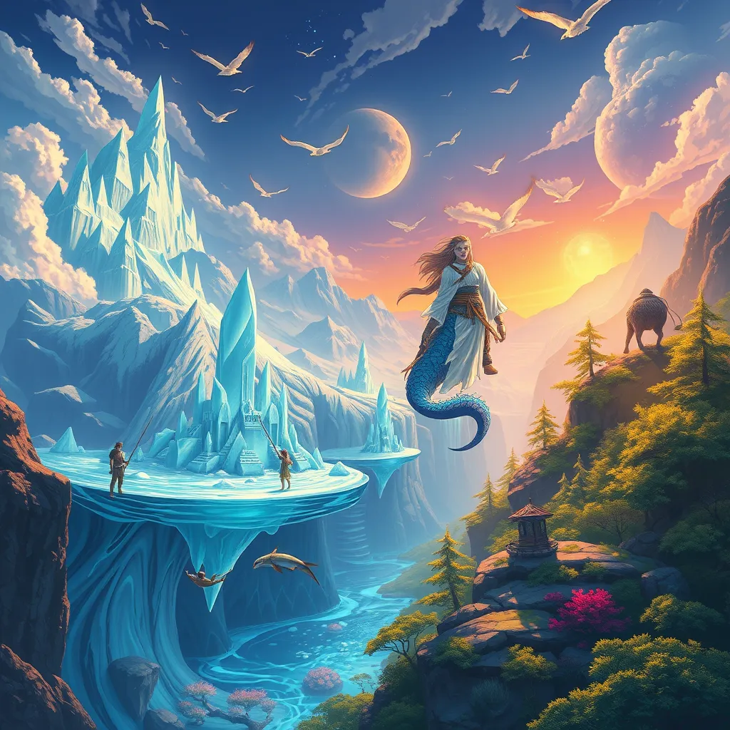 A vibrant and detailed illustration depicting the four races interacting harmoniously within their respective environments. Show the Aetherians gracefully gliding through their floating sky cities, the Cryonians calmly carving ice sculptures in a breathtaking glacial landscape, the Aquari swimming gracefully amidst bioluminescent coral reefs, and the Terrakai tending to their lush forests. The image should focus on the interconnectedness of their cultures and their respect for nature's balance.