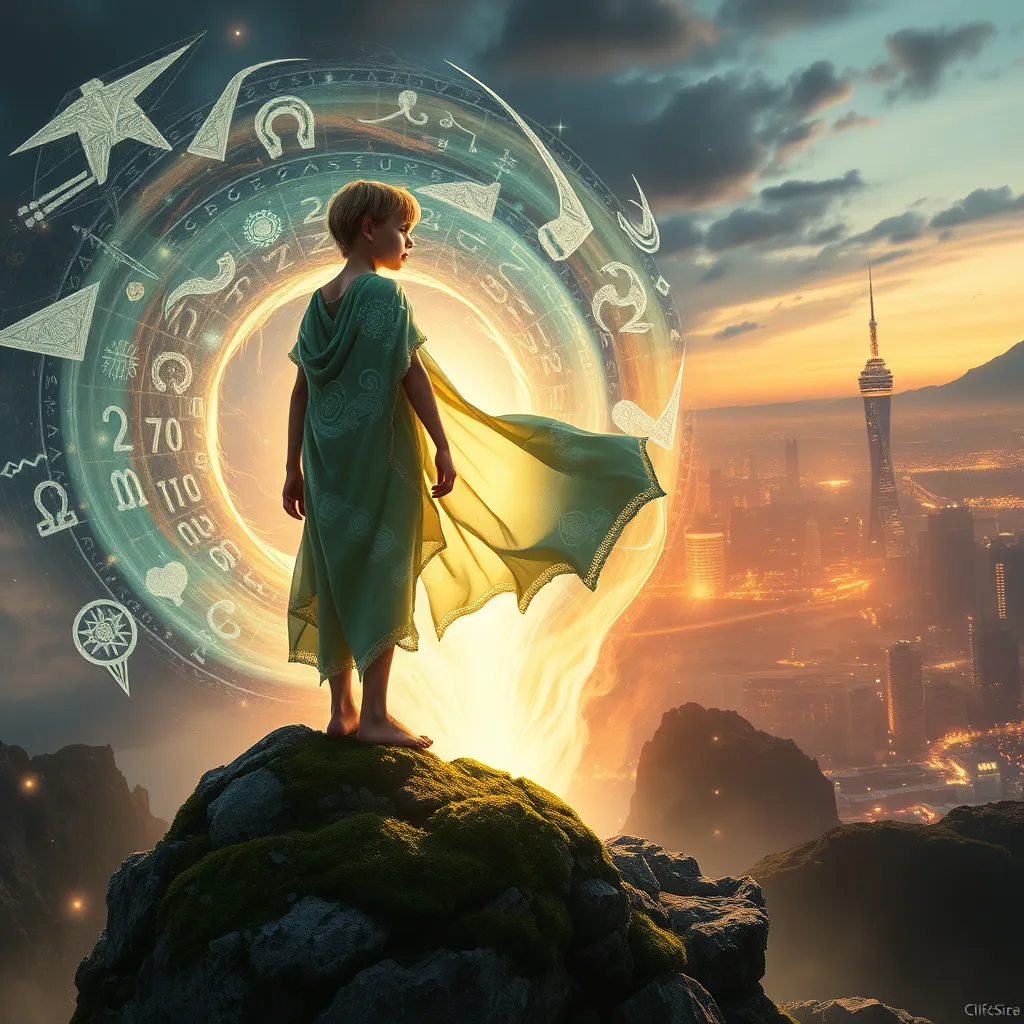 A young Cendant, clad in a flowing garment of light and woven with celestial patterns, stands atop a crumbling, moss-covered stone pillar. Behind them, a swirling vortex of celestial energy emanates from the earth, revealing ancient runes and glyphs. In the distance, a city skyline of skyscrapers and glowing lights represents the modern world. The overall tone should be one of hope and responsibility, highlighting the Cendant's role as a bridge between ancient wisdom and the future.