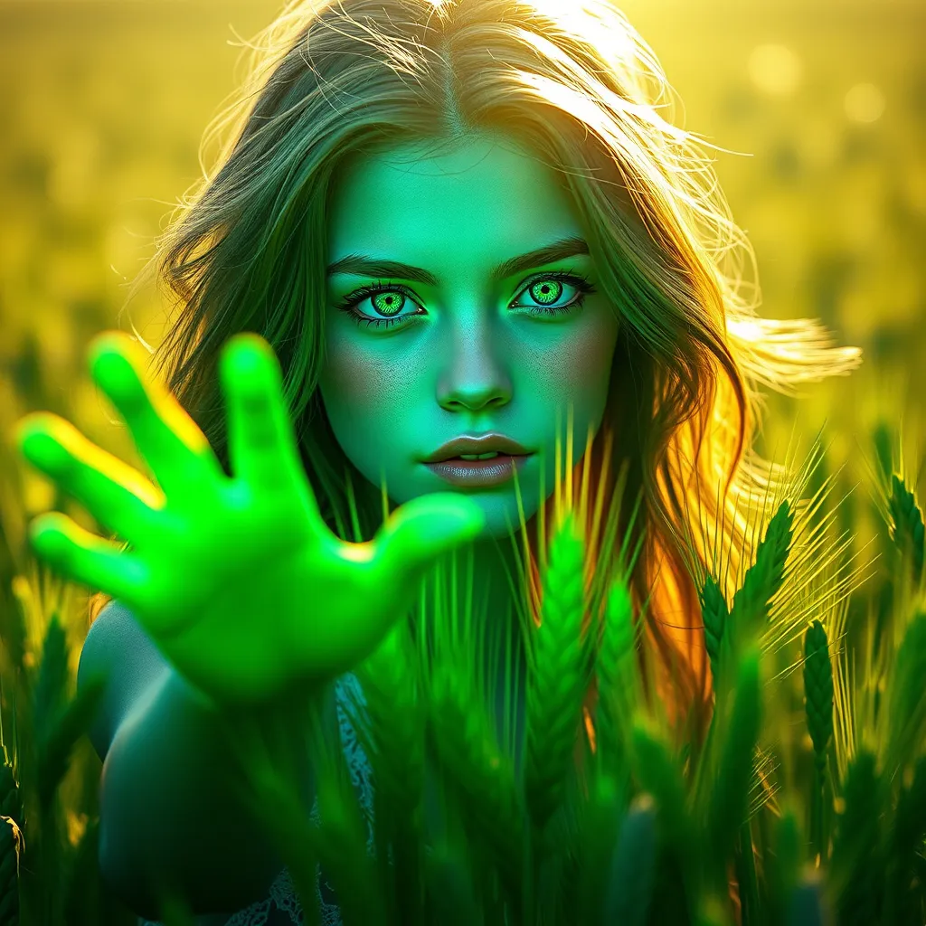 A young woman, with vibrant green eyes and ethereal blue skin, stands amidst a field of wheat. Sunlight streams through her hair, glowing with an otherworldly luminescence. She reaches out, her hand glowing with an emerald light, as the wheat around her grows at an accelerated rate, bursting forth with life.