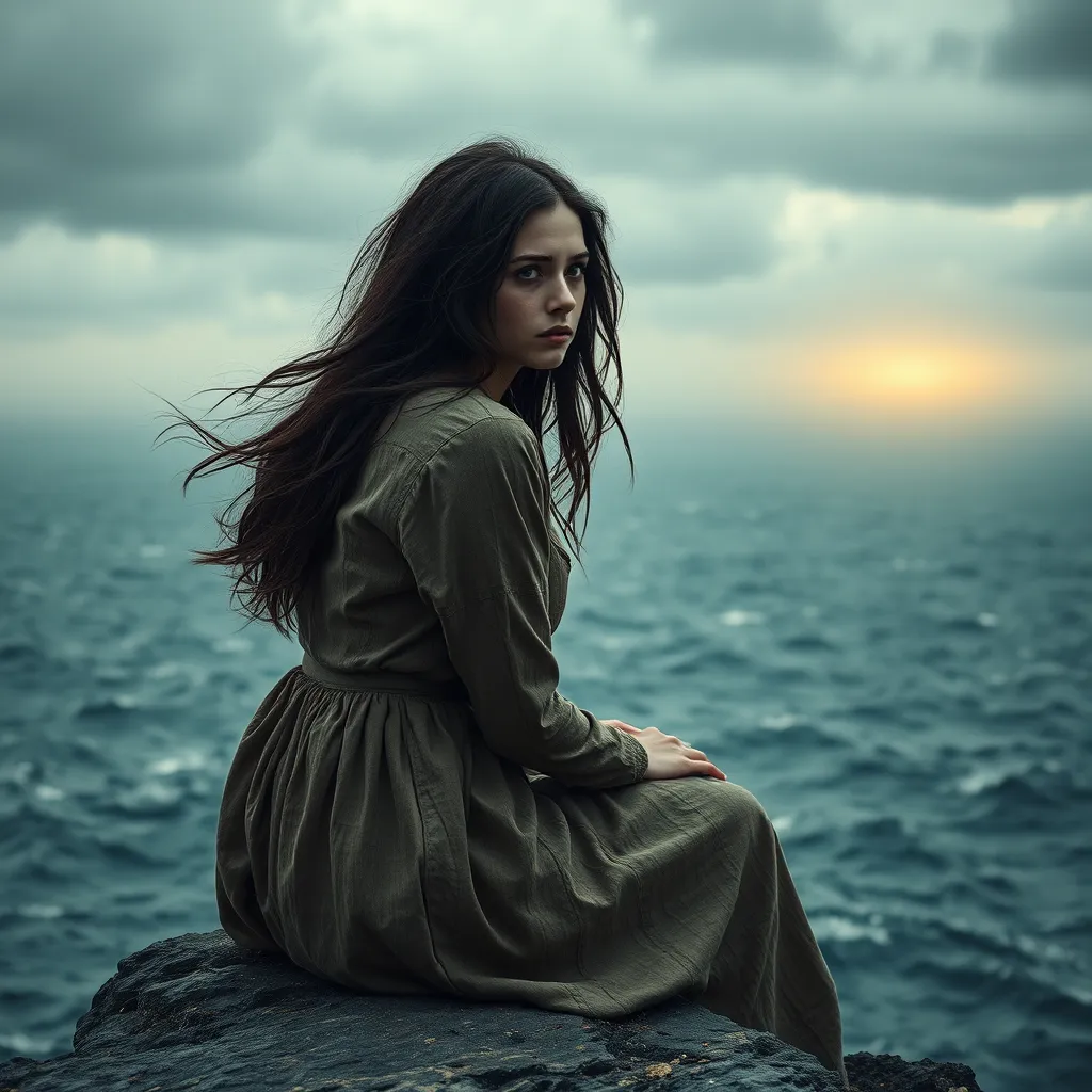 A young woman with flowing, dark hair sits alone on a cliff overlooking a vast, stormy sea. She wears a simple, worn dress, and her face is etched with worry. In the distance, a faint, ethereal light shimmers on the horizon, suggesting the presence of a forgotten world. The scene should convey a sense of isolation, loneliness, and the weight of a heavy burden.